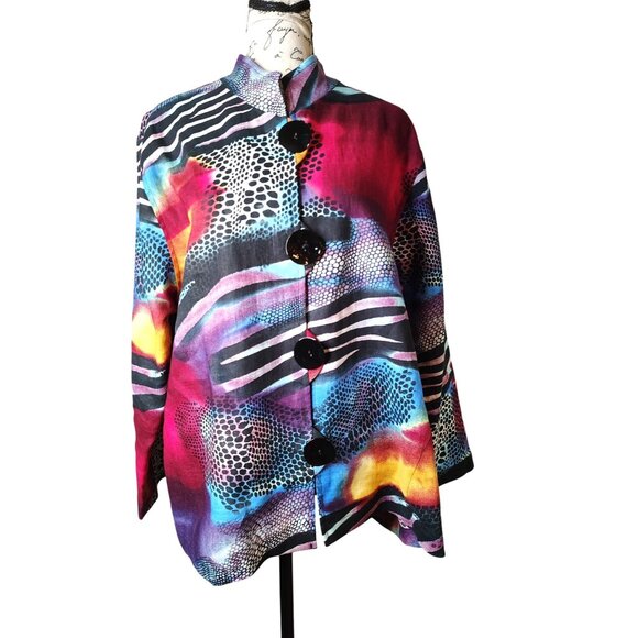 Caroline Rose XL Jacket, Abstract Animal Print, Art to Wear Lagenlook 100% Linen - Picture 1 of 4